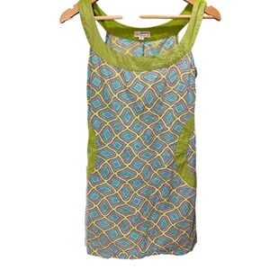 Apsara 100% Cotton Mini Dress Size Small Hippy Mod Green Purple Blue Sleeveless